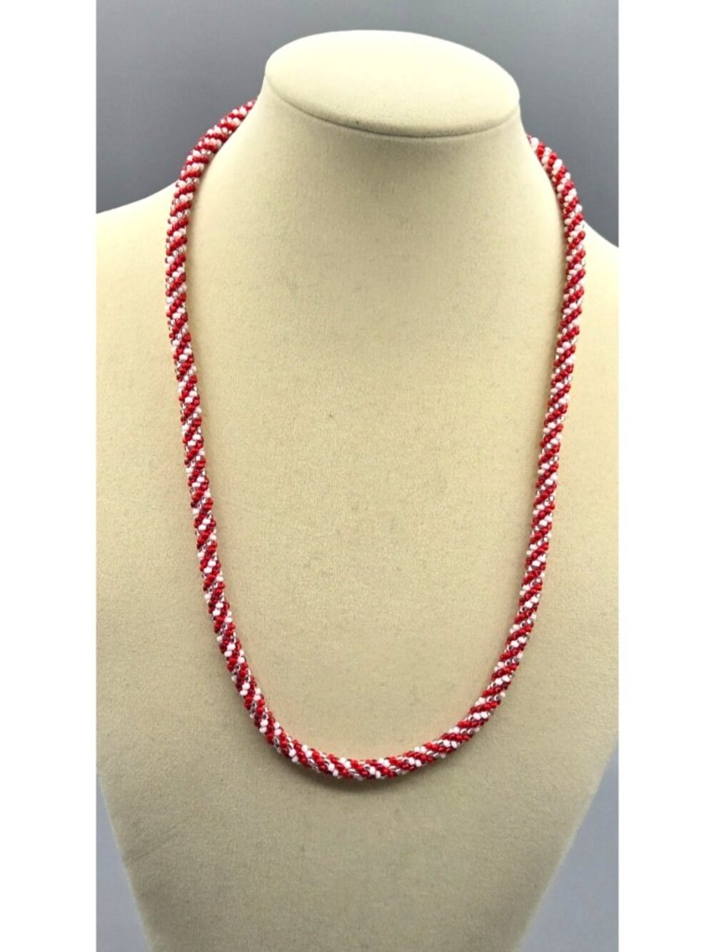Handmade Red and White Small Seed Bead Kumihimo Necklace w/Lampwork Bead Pendant - Picture 2 of 6